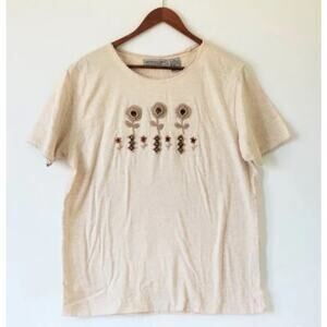 Northern Isles T-shirt  with flowers of wool and wood crochet -Size L